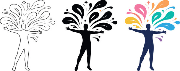 Creative Expression Silhouettes. Creative autonomy concept showing a human silhouette with arms spread wide and flowing shapes