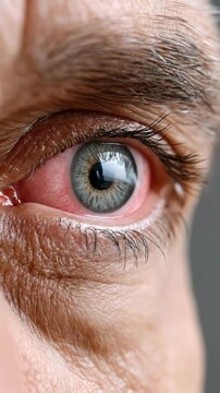 Irritated red eye with visible veins and swollen eyelid in close-up view; concept of eye disease problem, infection, dry eye syndrome, or allergic reaction.