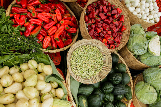 Santa Maria de Jesus, Guatemala.  Fresh chiles and beans at a local outdoor market