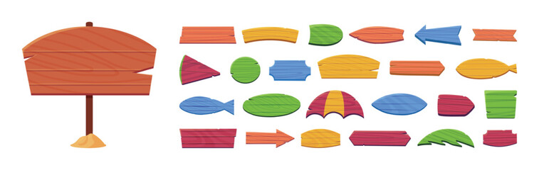 Wooden pointers. Colorful pointer, destination arrows, banners for information. Wooden banner on pole. Beach and road sign boards, bar, cafe, restaurant, hotel, vector set