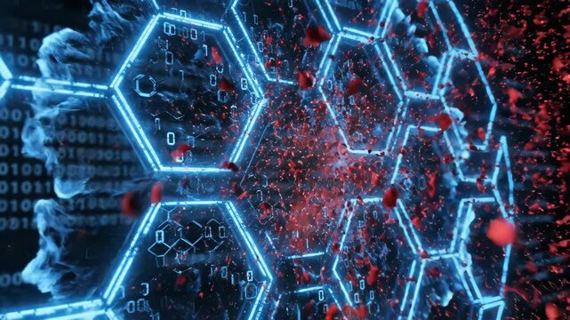 Digital explosion abstract data breach cyberspace chaos red blue energy particles video