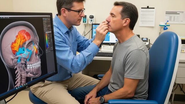A doctor examines a mans throat in a medical office with a computer screen displaying a 3d skull model