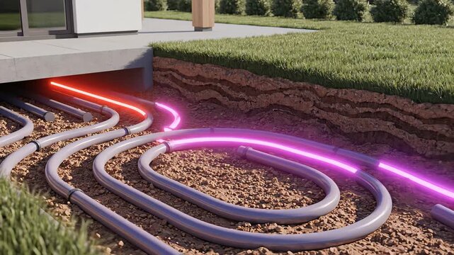 Geothermal energy system showing pipes laid underground for a ground source heat pump, with a 3d animation visualizing the heat exchange process from hot to cold as fluid circulates