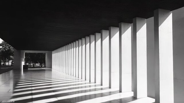 Abstract architectural design showcasing a series of concrete pillars and a dark ceiling, creating a strong play of light and shadow with repetitive patterns across a bright floor