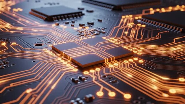 Closeup of a computer circuit board with glowing orange lights and microchips on dark background