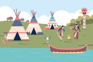 American indian village. Tribal huts, wigwam near water. Native indians canoe on river. Adults wearing traditional costumes, ritual dancing, recent vector scene © LadadikArt