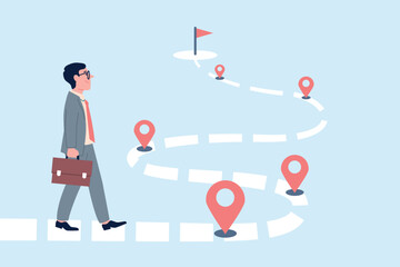Businessman project road. Roadmap for business travel, work management step by step. Workflow process, corporate progress goals, recent vector concept