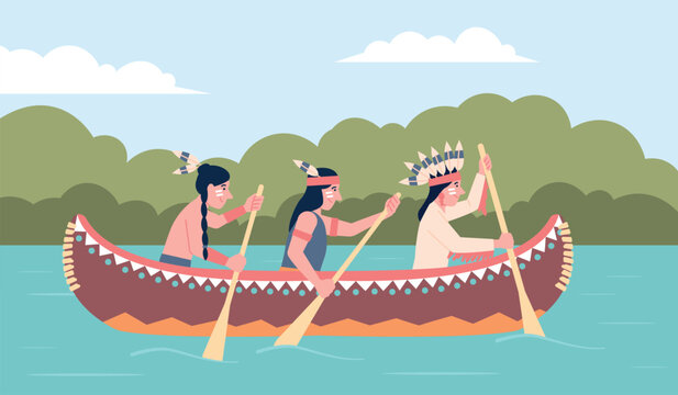 Native indian on canoe. American indians rowing paddles on river sitting in wooden and leather boat. Traditional wearing adult characters on kayak, recent vector scene