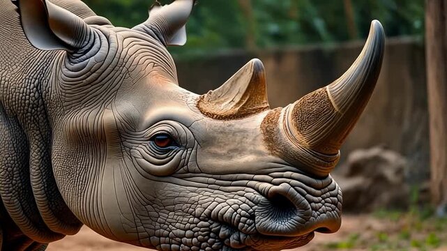 Cinematic macro shot of a wild rhinoceros, capturing detailed skin texture and powerful horn in a natural habitat, AI generated.