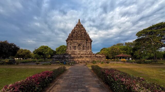 Indonesia, August 13, 2025: Bubra Temple at sunset, a 9th-century Buddhist temple located within the Prambanan Temple Archaeological Park complex. Central Java. UNESCO. 4K