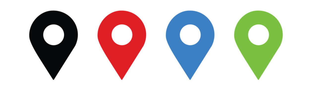 Location Pin Icon Set &ndash; Black Red Blue Green Map Marker Symbols for GPS Navigation Address Place Vector