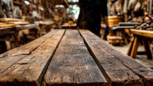 Medium shot of wooden benches in a workshop with sculptural supports in sharp focus and blurred background tools creating a creative workspace atmosphere.