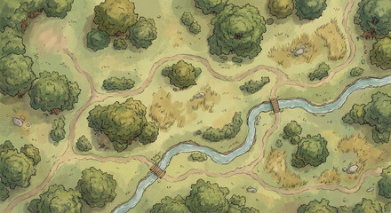 Forest Fields with River and Trees - Top-Down D&D Battle Map | Gridless Fantasy RPG Tabletop Terrain | High-Detail Printable No Grid