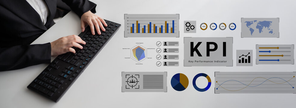 A business professional reviews key performance indicators (KPI) with detailed graphs and charts displayed on a modern office workspace. Data-driven decisions enhance business growth. Gantry