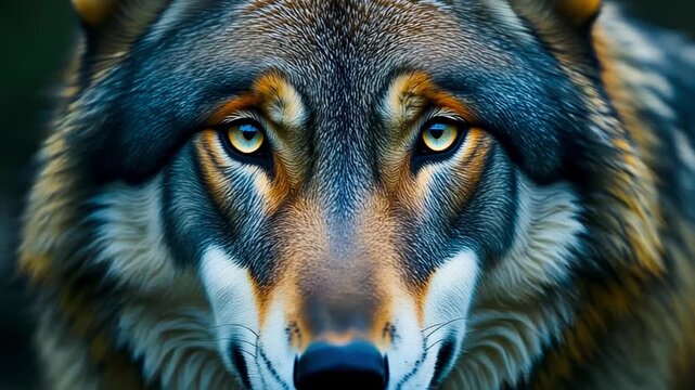 Ultra HD wolf face close-up with icy sharp eyes and hyper-realistic fur texture, dramatic lighting, 4k cinematic.