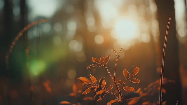 Plant stem with leaves catching the warm backlighting of the sun during golden hour, emphasizing natural beauty and seasonal changes in a tranquil outdoor setting