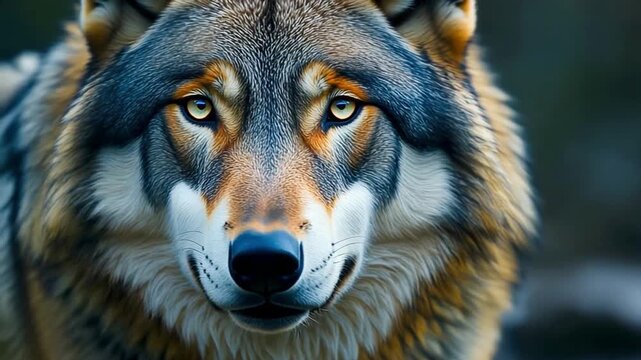 Cinematic macro shot of a gray wolf's face, capturing intense gaze and detailed fur texture in a moody environment, AI generated.
