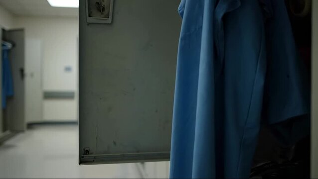 A blue medical scrub top hangs on an open locker door in a dimly lit hospital hallway, with other doors visible in the background.
