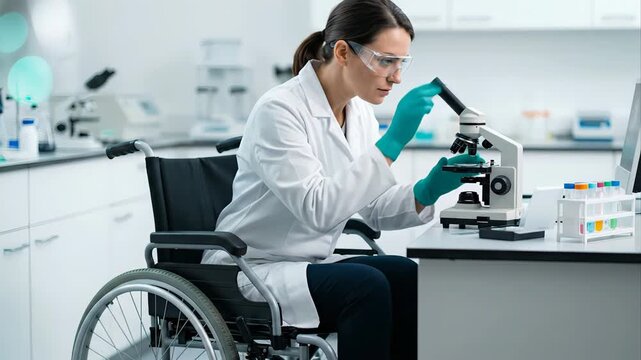 Determined female scientist with a disability working in a laboratory, examining a sample through a microscope while sitting in a wheelchair and representing inclusivity in the workplace