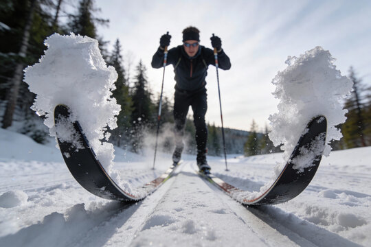 Close-up of snow covered ski tips with a skier in black sportswear skiing in a snowy forest landscape. Dynamic winter sport scene capturing motion and cold atmosphere outdoors.