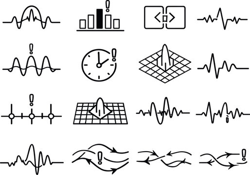 Anomaly Detection Icons. Line style vector icons of anomaly detection: pulse arc, feedback bar, sync tile, transition line,