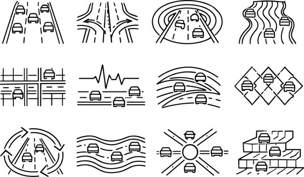 Line style vector icons of busy highway: variation contour, transition stripe, modulation ring, phase stripe, resonance tile,