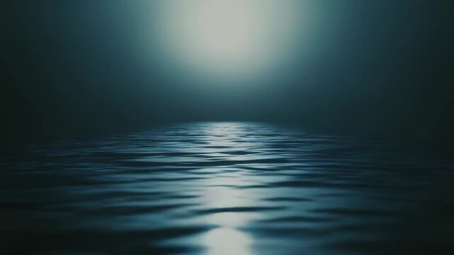 Water surface reflecting a bright light source on a dark background, creating a serene and mysterious atmosphere with a shimmering path across the calm sea or ocean
