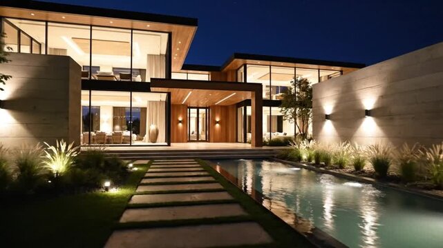 Modern luxury villa exterior with illuminated pathway and swimming pool captured at night creating dramatic upscale ambiance