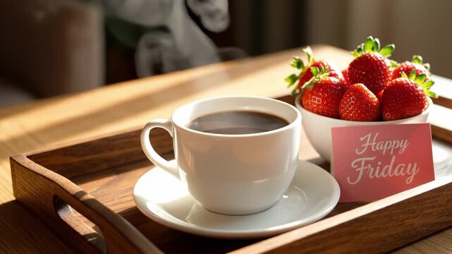 Cup of coffee and strawberries on wooden tray with happy friday note