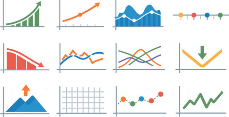 Flat vector icons of data visualization line charts: growth curve, trend line, time series, timeline axis, decline curve, curve