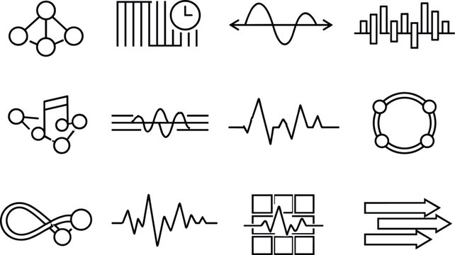 Fear-Triggered Icon Grid. Line style vector icons of fear-trigger environments: sync node, timing stripe, phase contour, amplitude