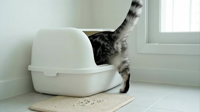 Domestic silver tabby american shorthair cat entering a large, white, covered litter box placed in the corner of a room, showcasing feline bathroom habits and pet care hygiene concepts