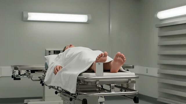 Unidentified corpse lying on a gurney in a hospital morgue, with a blank toe tag attached to the foot. The sterile, cold environment emphasizes the solemnity of death and forensic procedures