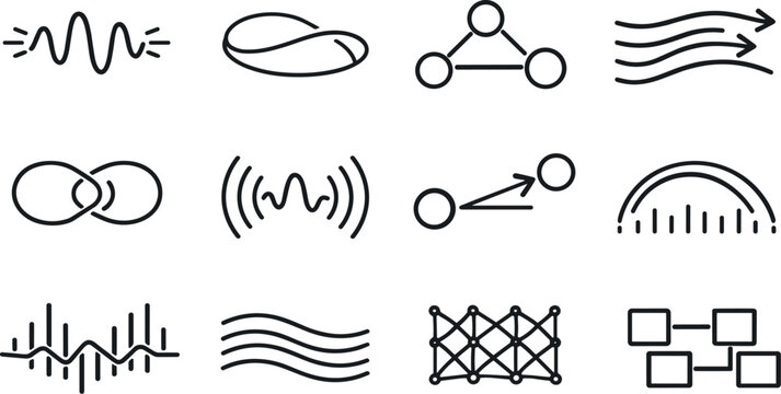 Line style vector icons of business management customer relationship tools: resonance stripe, loop arc, amplitude node, flow