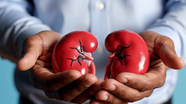 Person holding model kidneys with cracks in palms of hands