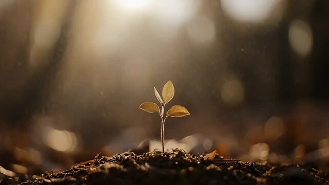 Small seedling emerging from rich soil under warm sunlight, symbolizing new life, growth, sustainability and hope for the environment and future development