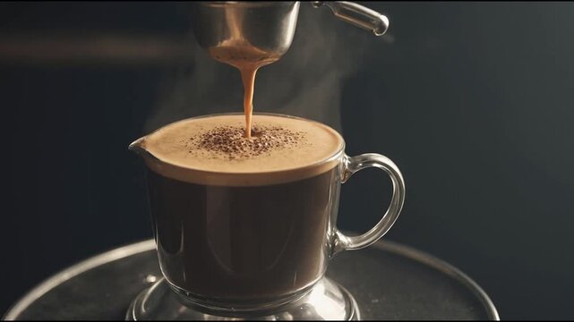 Cafetera industrial profesional preparando un espresso cremoso, crema densa color avellana fluyendo desde el portafiltro, vapor suave, acero inoxidable brillante, cafeter&iacute;a moderna, iluminaci&oacute;n c&aacute;lida