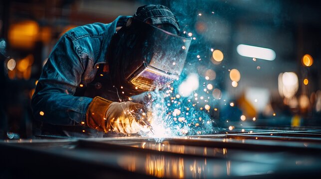 A skilled welder wearing protective gear works diligently in a workshop with sparks flying everywhere.