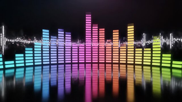 Vibrant equalizer bars pulse with rainbow spectrum light reflecting on dark glossy surface dynamic audio visualization abstract sound wave motion graphic
