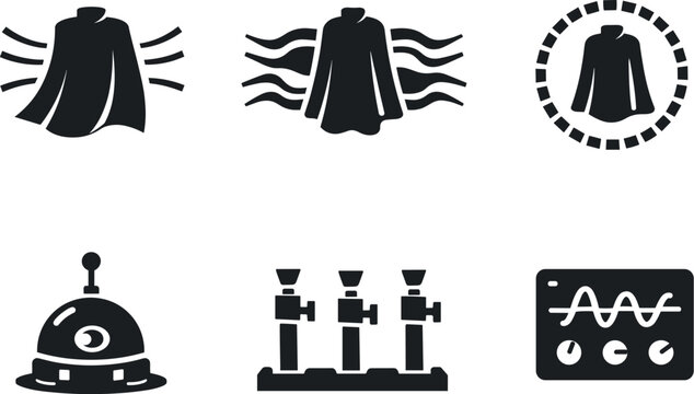 Solid vector icons of refraction-manipulating cloaks: metamaterial curvature sheet, distortion channels, invisibility zone;