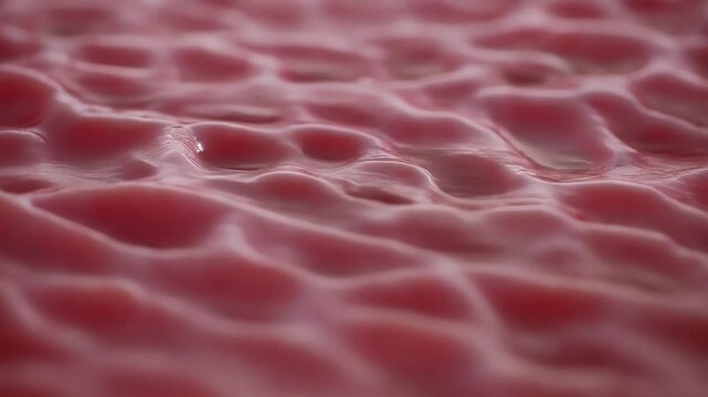 Close up of a strange pink liquid creating satisfying ripples and organic textures, producing an oddly calming and mesmerizing visual effect reminiscent of an alien biological surface