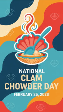 Vibrant illustration celebrating National Clam Chowder Day with steaming bowl