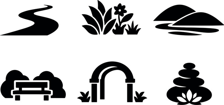 Solid vector icons of peaceful subconscious park atmospheres: flowing path geometry, soothing plant clusters, smooth contour
