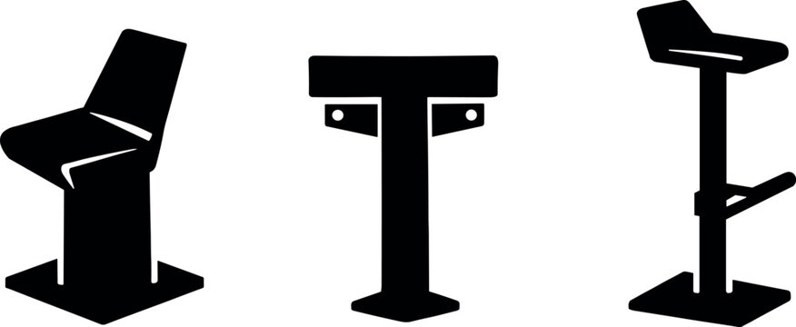 Solid vector icons of short-stay seating structures: uncomfortable contour seat, midpoint blocker, elevated perch style; ground
