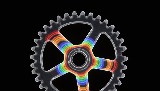 Photoelasticity stress analysis of transparent gear showing rainbow polarized light patterns