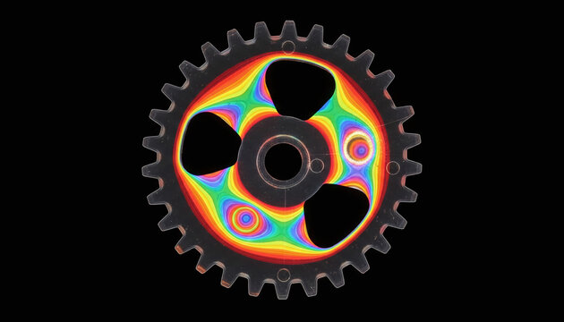 Photoelasticity stress analysis of transparent gear showing rainbow polarized light patterns