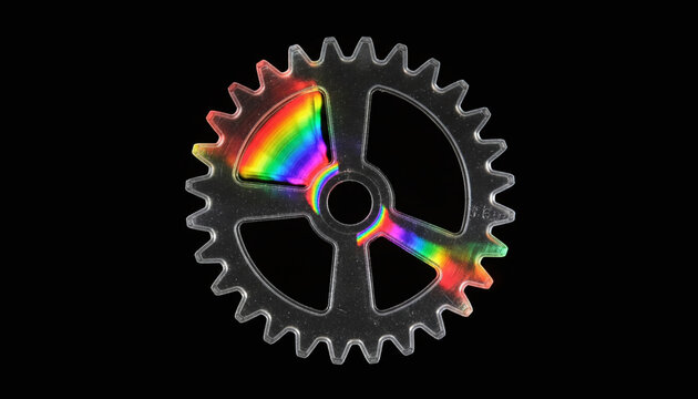 Photoelasticity stress analysis of transparent gear showing rainbow polarized light patterns