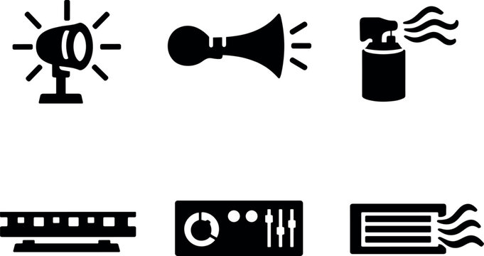 Solid vector icons of overload-inducing stimulus setups: bright-flash lamp, pressure sound horn, odor-release cartridge; mounting