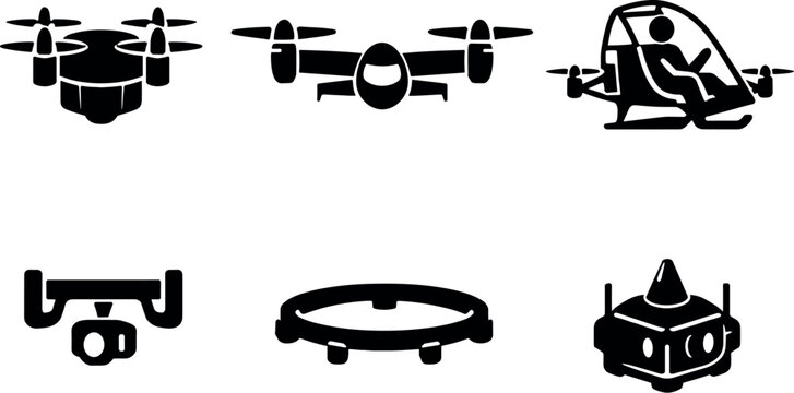 Solid vector icons of individual VTOL aircraft: vertical-thrust module, tilt-rotor set, lightweight pilot frame; sensor bracket,