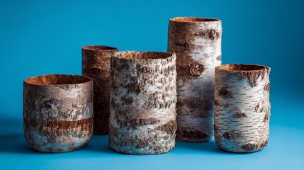 Naklejka premium A collection of birch bark candle holders on a blue background